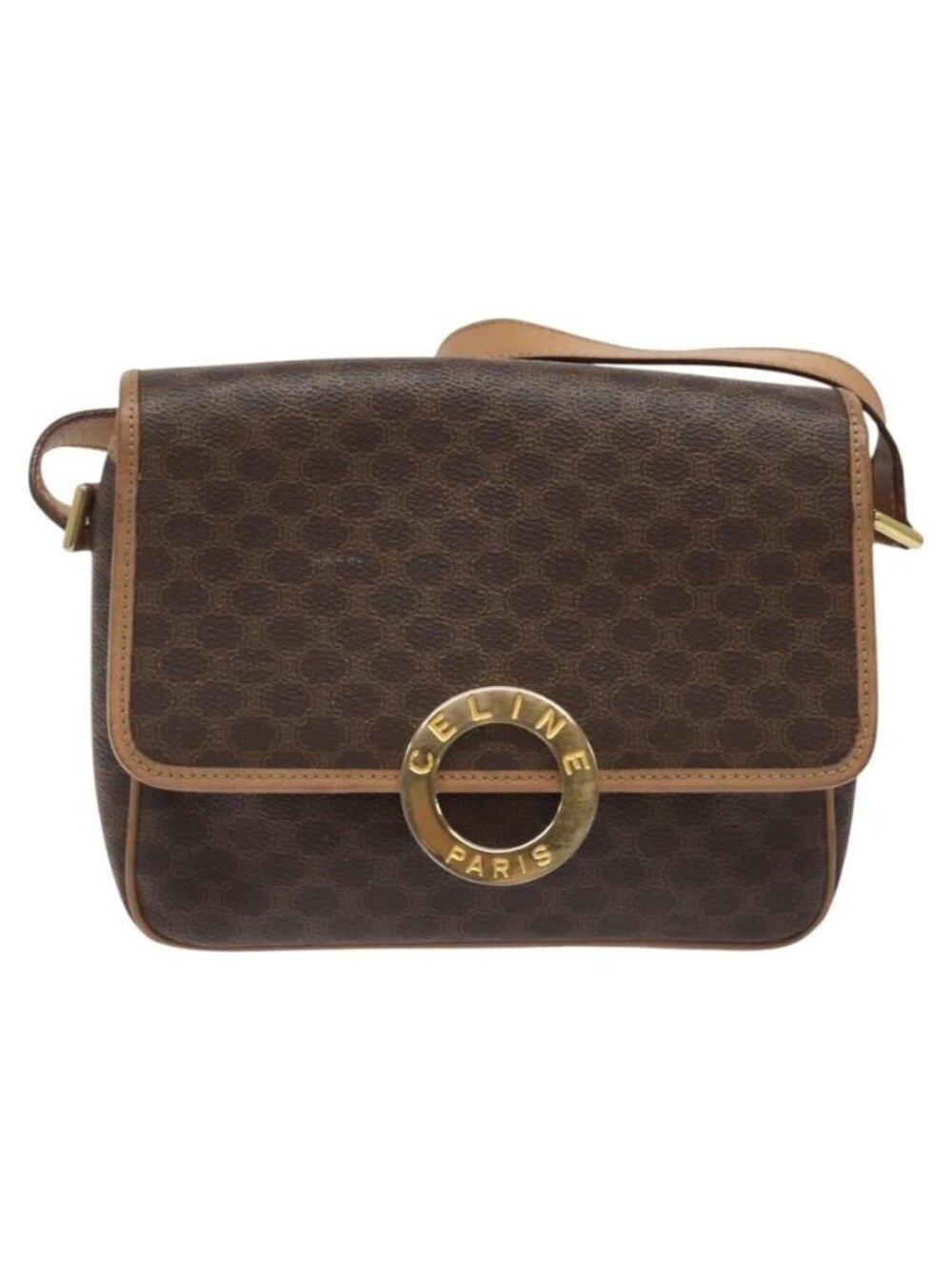 Authentic CELINE Macadam Canvas Shoulder Bag PVC Leather Brown Gold - Picture 5 of 16